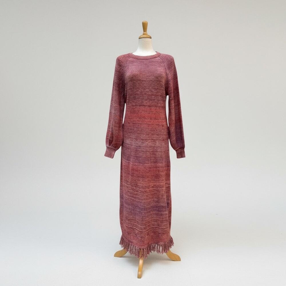 J. Crew Maxi Dress Sz L Pink Space Dyed Knit‎ Fringe Hem Bishop Sleeve NEW